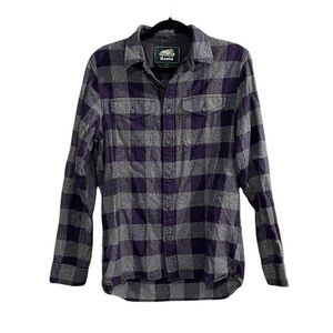 ROOTS Men’s Cotton Flannel Checked Plaid Button Front Shirt Purple Grey S